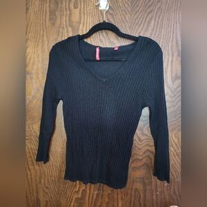Ann Klein Top Ribbed V-neck Long Sleeve Black Size Medium